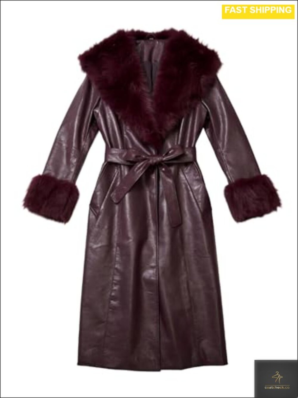 Faux Leather Long Sleeve Belted Overcoat with Faux Fur Collar